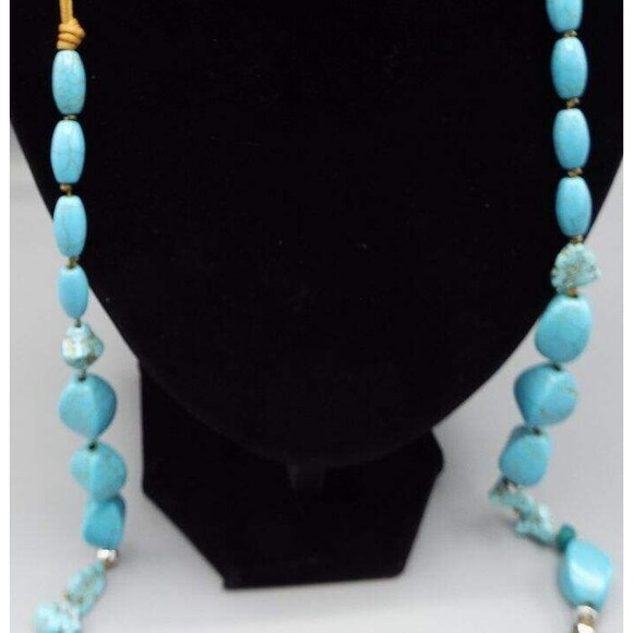 Chico's Faux Turquoise Beads Gold Fabric Tassels Leather Cords Long 38" Necklac - Picture 4 of 5